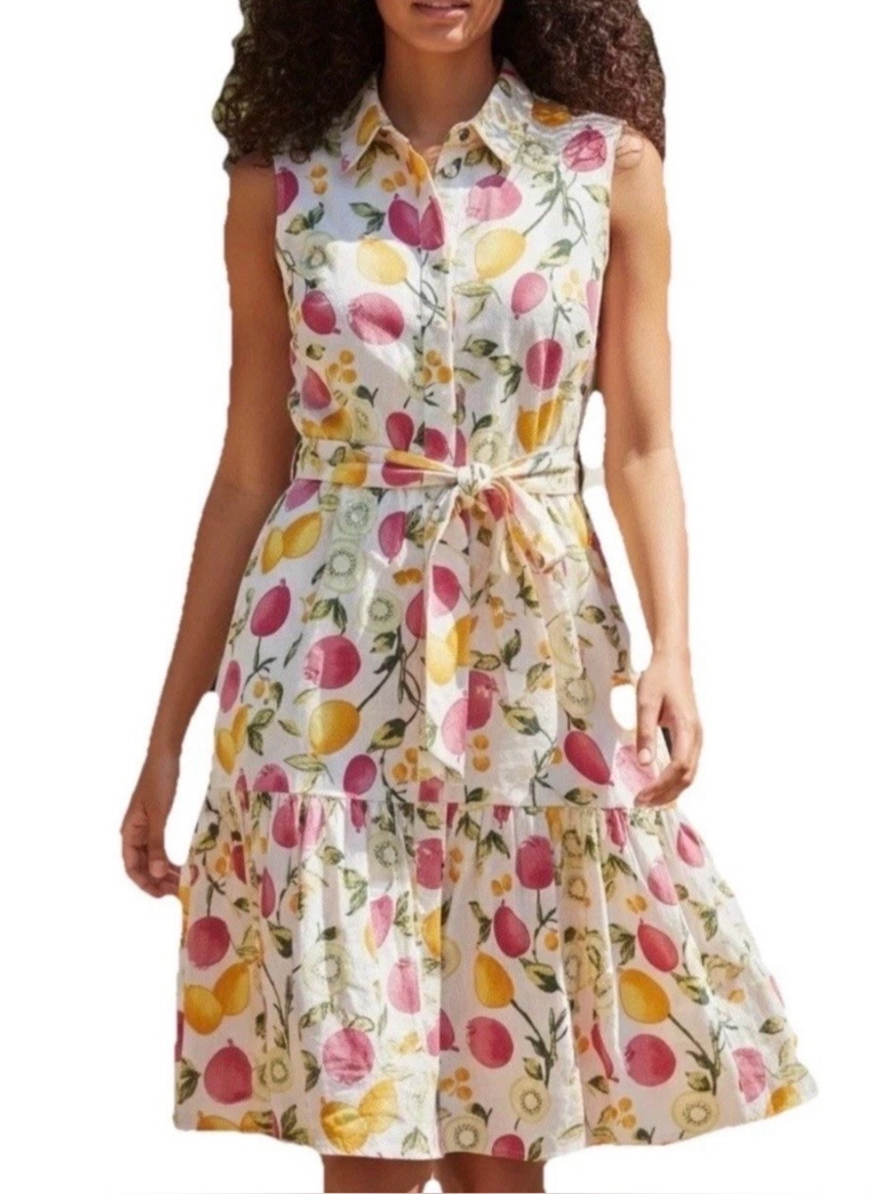 Cynthia Rowley fruit lemon linen blend tiered button summer sun dress 12